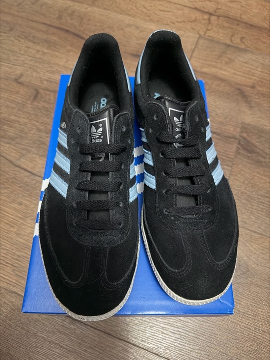 adidas Shoes - adidas Samba • Black Suede Sneakers with Light Blue Three Stripes